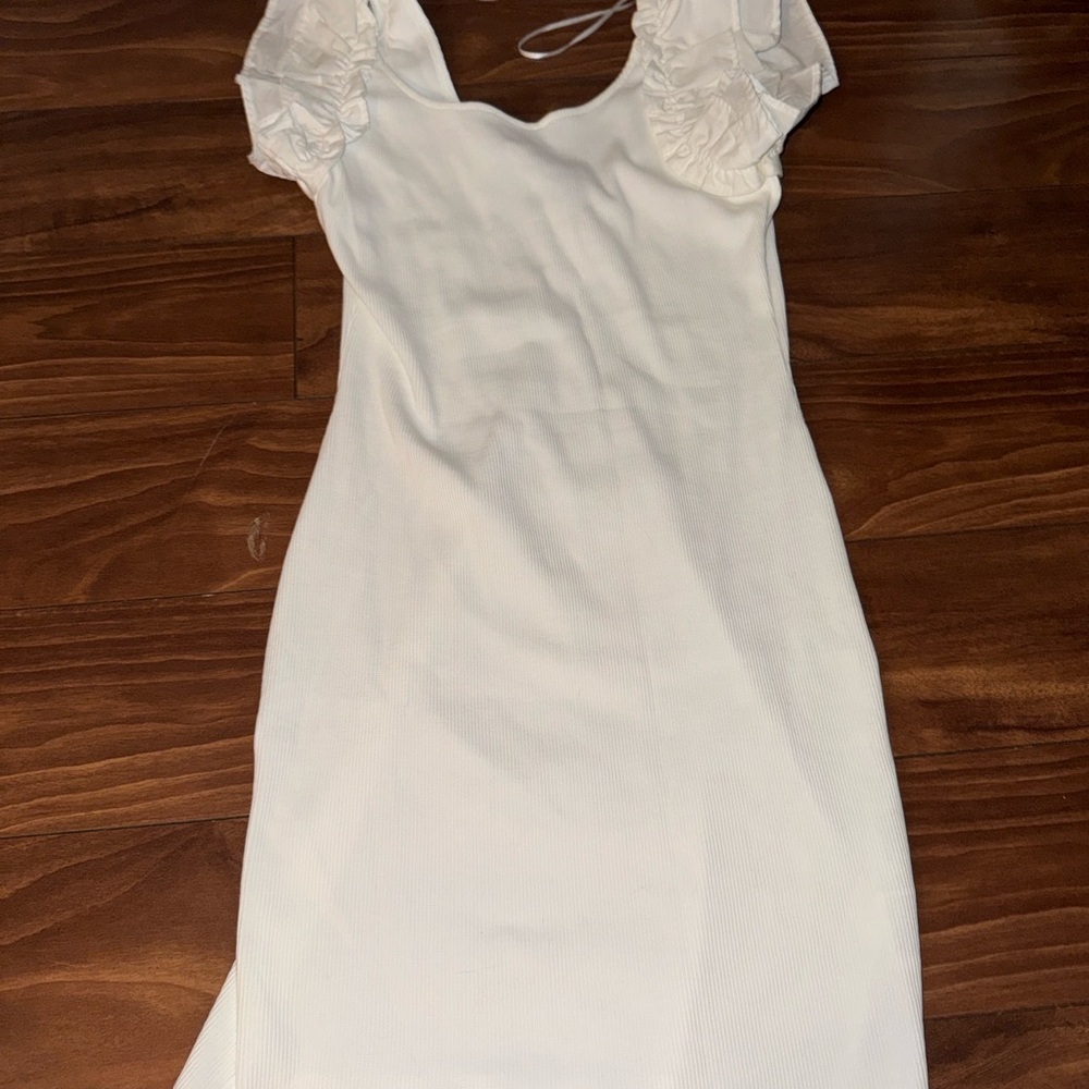 H&M White Mini Dress with Ruffled Sleeves